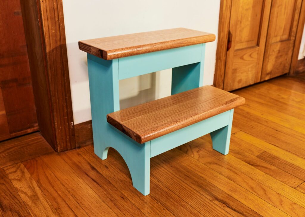 wooden stool with color brown and sky blue